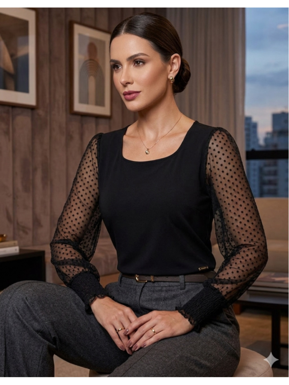 Anne Klein Black Sheer Dot Sleeve Scoop Neck Blouse party date night work 1531